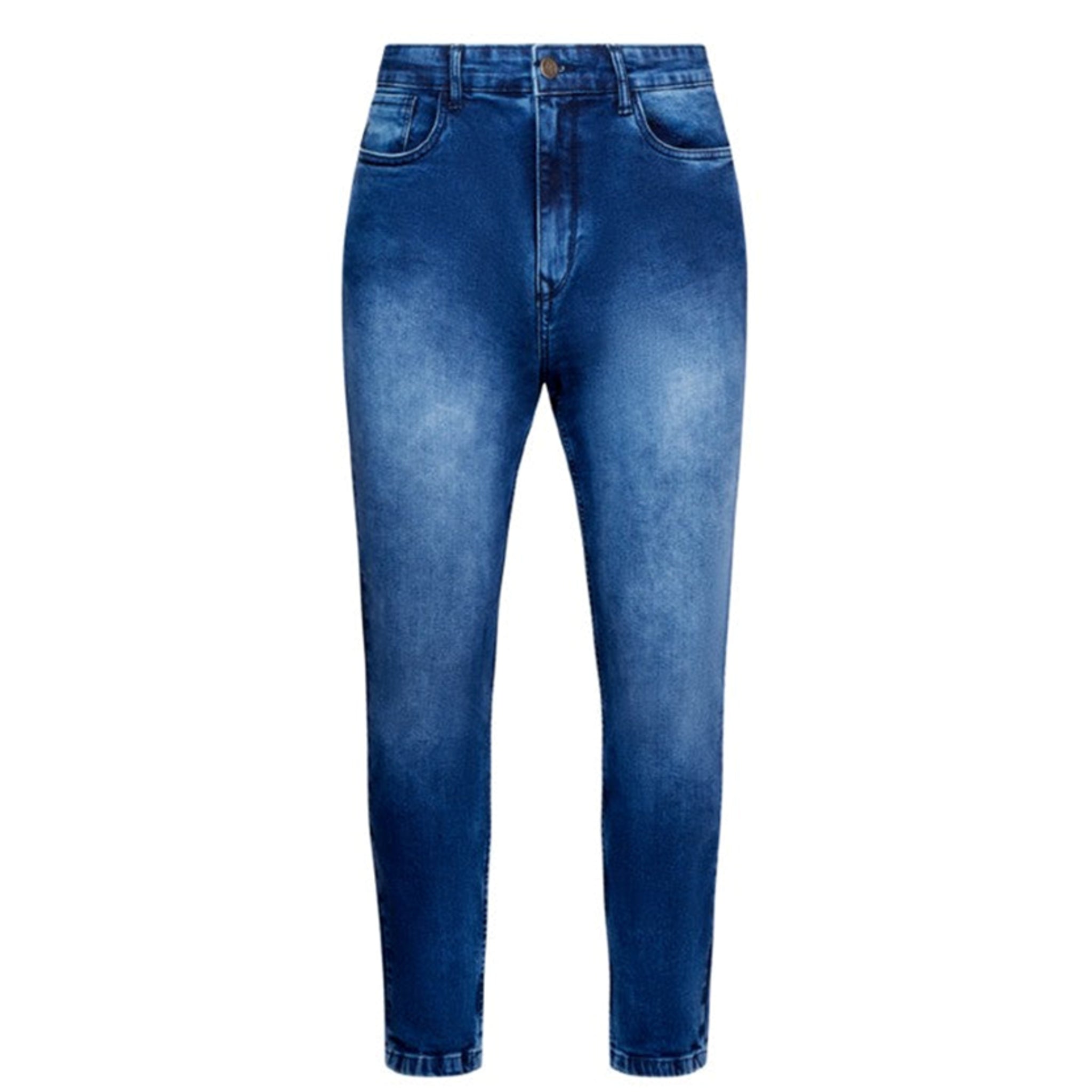 Men's JDN branded slim fit jeans in mid wash blue denim with tapered leg and five-pocket design